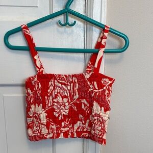 Floral Red and Cream Smocked Crop Top